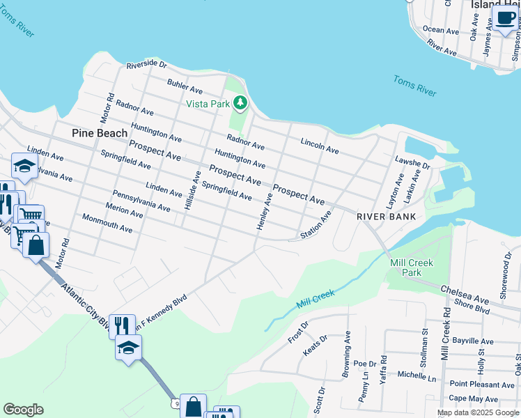map of restaurants, bars, coffee shops, grocery stores, and more near 611 Henley Avenue in Pine Beach