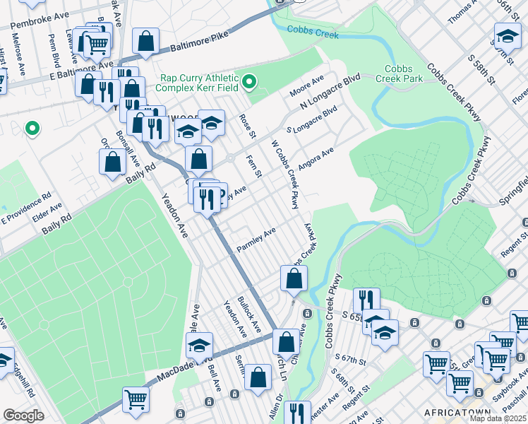 map of restaurants, bars, coffee shops, grocery stores, and more near 753 Cypress Street in Yeadon