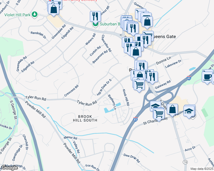 map of restaurants, bars, coffee shops, grocery stores, and more near 371 Hill N Dale Drive South in York