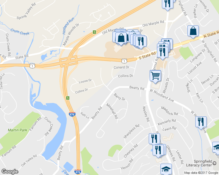 map of restaurants, bars, coffee shops, grocery stores, and more near 499 Collins Drive in Springfield