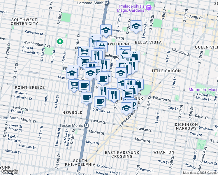 map of restaurants, bars, coffee shops, grocery stores, and more near 1221 South 13th Street in Philadelphia