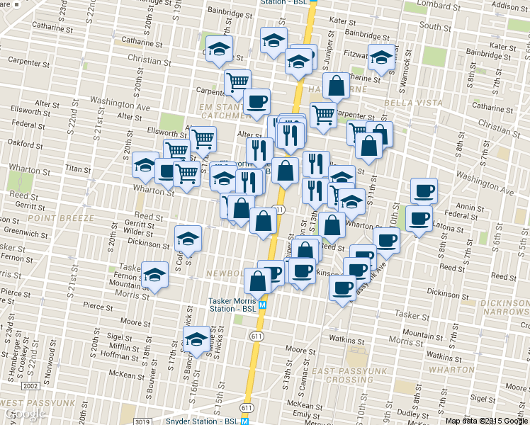 map of restaurants, bars, coffee shops, grocery stores, and more near 1420 Wharton Street in Philadelphia