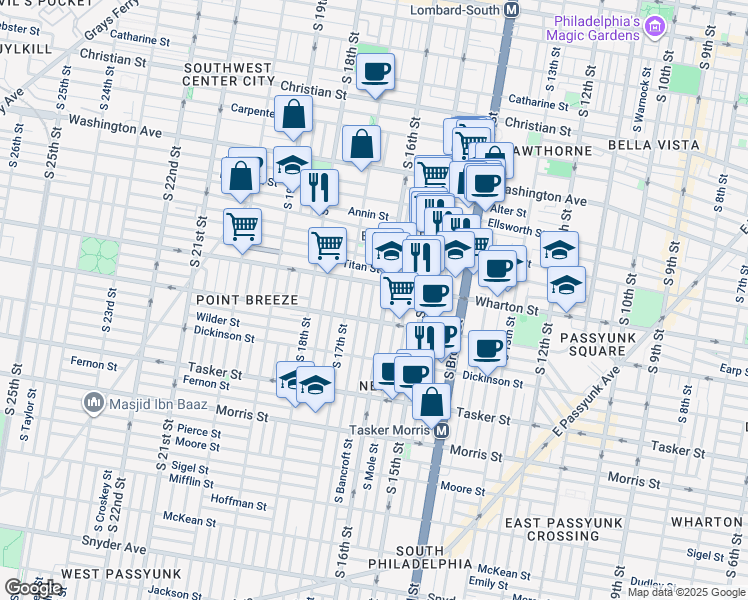 map of restaurants, bars, coffee shops, grocery stores, and more near 1323 South Bancroft Street in Philadelphia