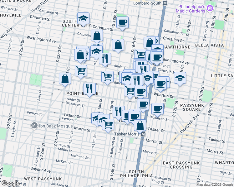 map of restaurants, bars, coffee shops, grocery stores, and more near 1308 South 17th Street in Philadelphia