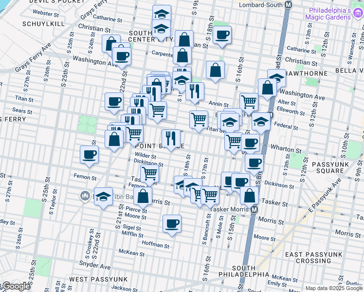 map of restaurants, bars, coffee shops, grocery stores, and more near 1325 South 19th Street in Philadelphia