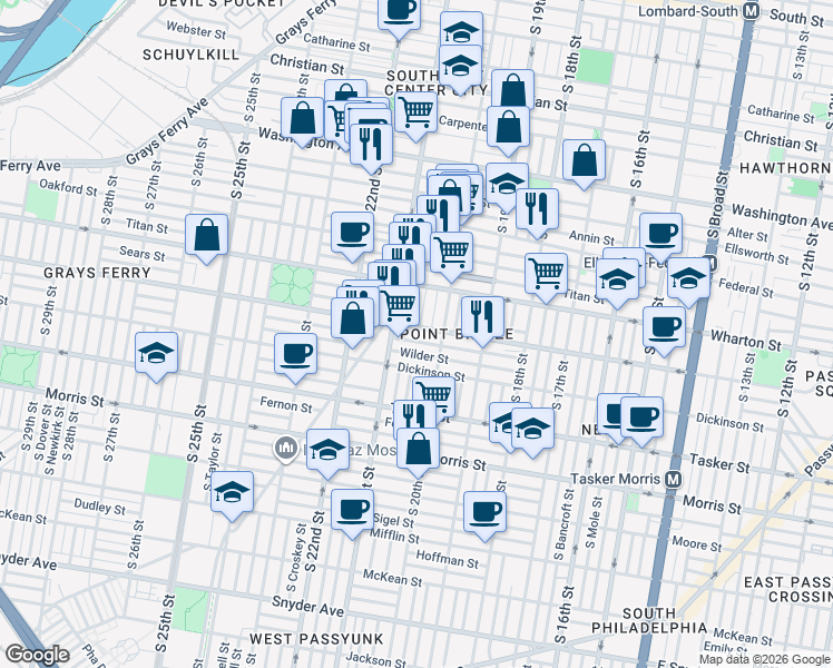 map of restaurants, bars, coffee shops, grocery stores, and more near 2031 Reed Street in Philadelphia