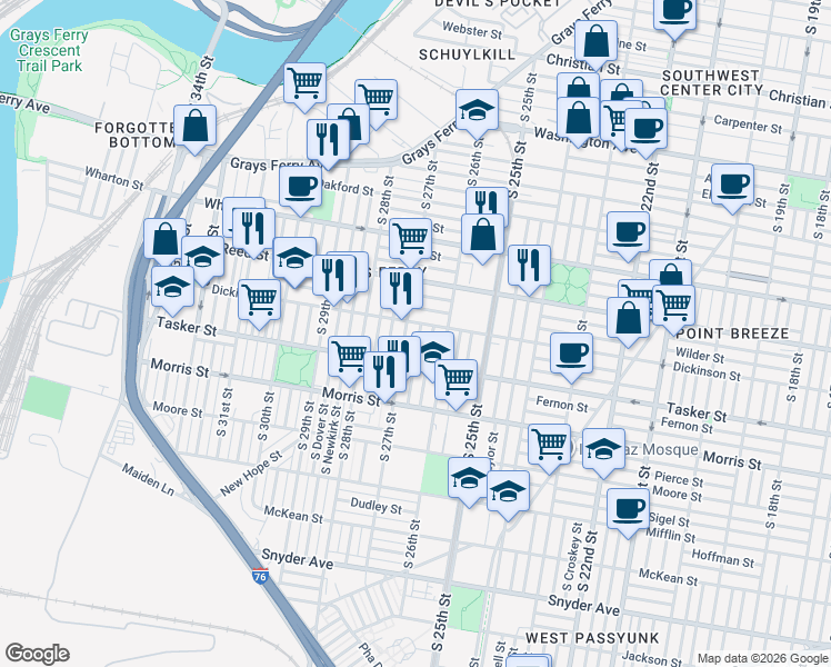 map of restaurants, bars, coffee shops, grocery stores, and more near 2641 Dickinson Street in Philadelphia