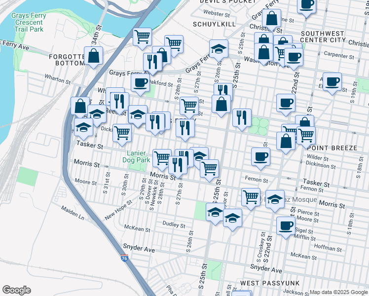map of restaurants, bars, coffee shops, grocery stores, and more near 2641 Dickinson Street in Philadelphia