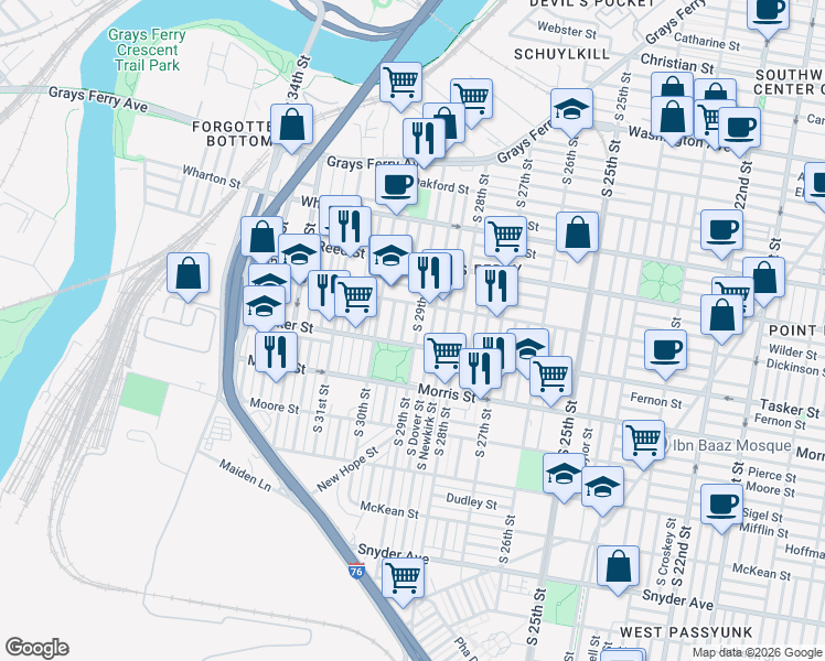 map of restaurants, bars, coffee shops, grocery stores, and more near 1519 South Myrtlewood Street in Philadelphia
