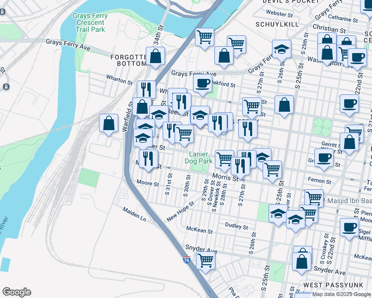 map of restaurants, bars, coffee shops, grocery stores, and more near 1526 South Corlies Street in Philadelphia