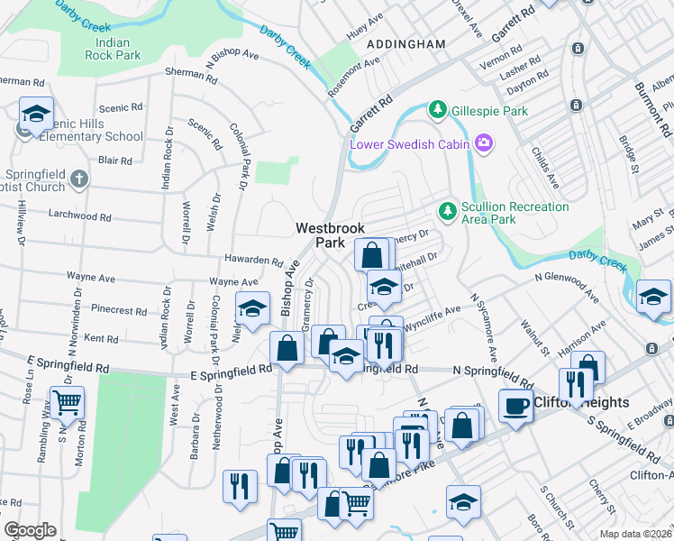 map of restaurants, bars, coffee shops, grocery stores, and more near 329 Westpark Lane in Clifton Heights