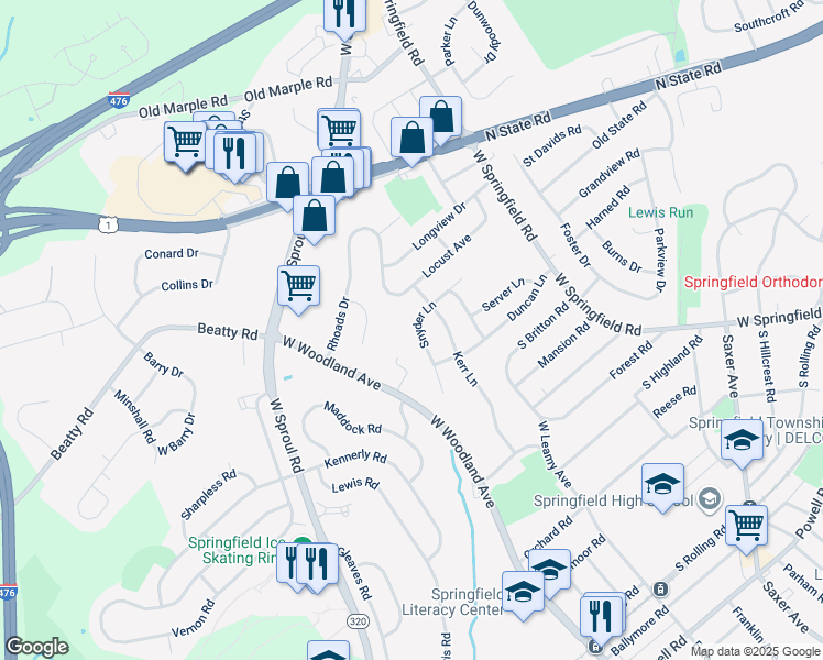 map of restaurants, bars, coffee shops, grocery stores, and more near 116 Snyder Lane in Springfield