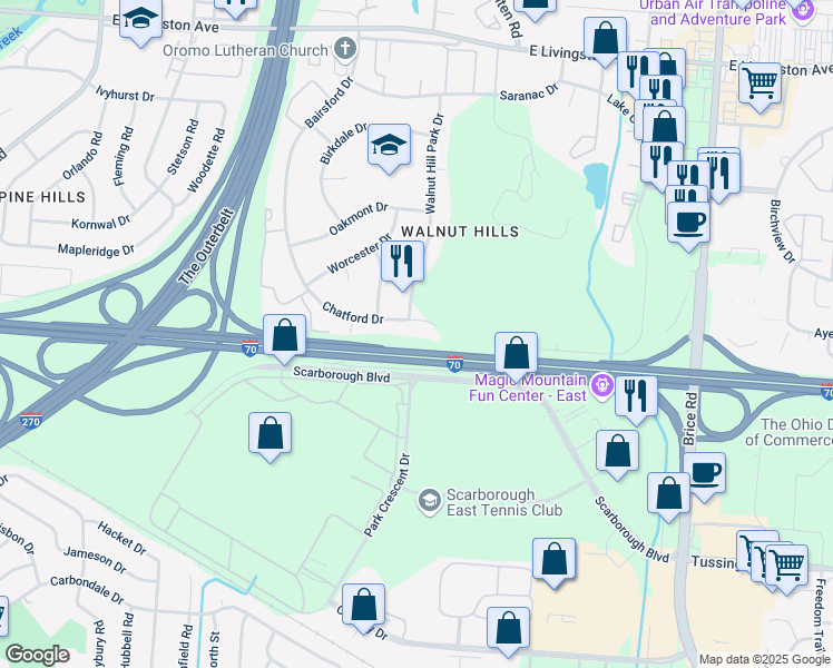 map of restaurants, bars, coffee shops, grocery stores, and more near 5645 Chatford Drive in Columbus