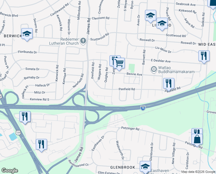 map of restaurants, bars, coffee shops, grocery stores, and more near 1786 Quigley Road in Columbus