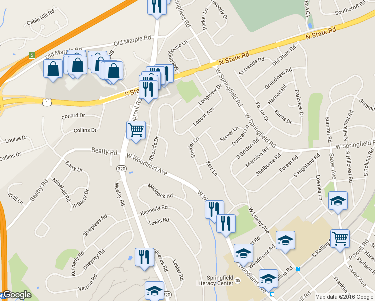 map of restaurants, bars, coffee shops, grocery stores, and more near 116 Snyder Lane in Springfield