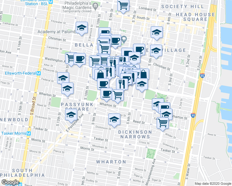 map of restaurants, bars, coffee shops, grocery stores, and more near 721 Federal Street in Philadelphia