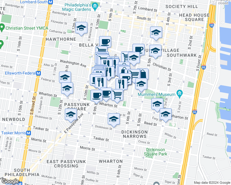 map of restaurants, bars, coffee shops, grocery stores, and more near 721 Federal Street in Philadelphia