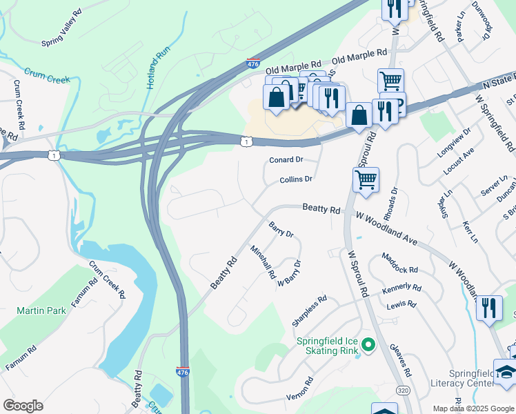 map of restaurants, bars, coffee shops, grocery stores, and more near 499 Collins Drive in Springfield