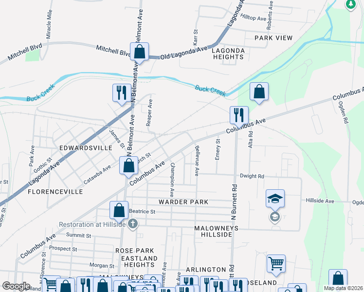 map of restaurants, bars, coffee shops, grocery stores, and more near 2258 Columbus Avenue in Springfield