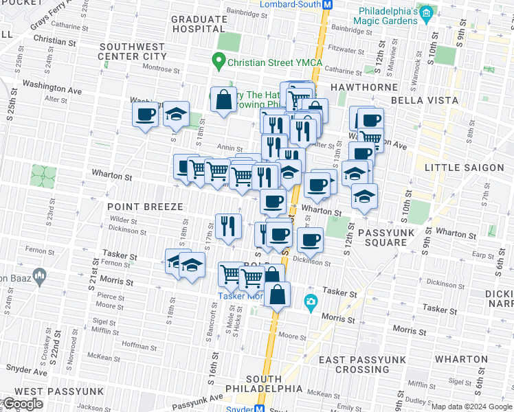 map of restaurants, bars, coffee shops, grocery stores, and more near 1303 South Hicks Street in Philadelphia
