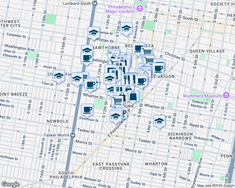 map of restaurants, bars, coffee shops, grocery stores, and more near 1127 Germantown Avenue in Philadelphia