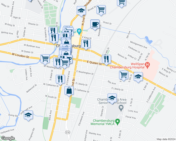 map of restaurants, bars, coffee shops, grocery stores, and more near 176 South 3rd Street in Chambersburg