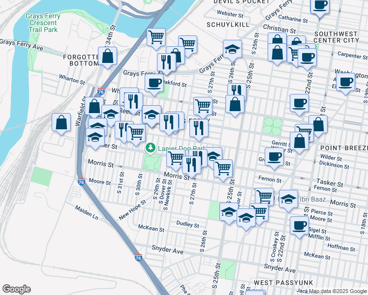 map of restaurants, bars, coffee shops, grocery stores, and more near 1521 South 28th Street in Philadelphia