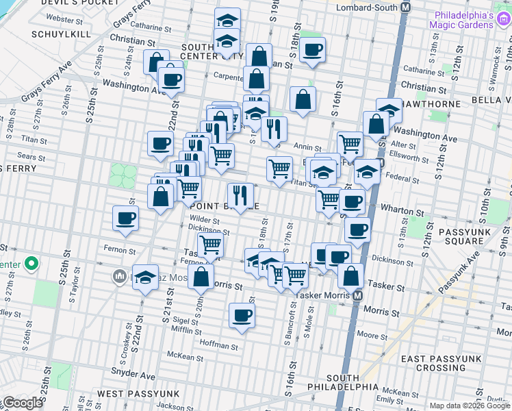 map of restaurants, bars, coffee shops, grocery stores, and more near 1325 South 19th Street in Philadelphia