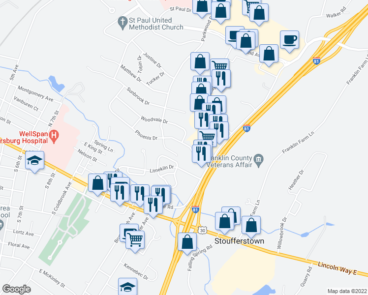 map of restaurants, bars, coffee shops, grocery stores, and more near 426 Phoenix Drive in Chambersburg