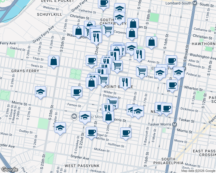 map of restaurants, bars, coffee shops, grocery stores, and more near 2031 Reed Street in Philadelphia