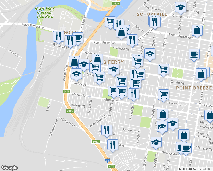 map of restaurants, bars, coffee shops, grocery stores, and more near 1540 South Myrtlewood Street in Philadelphia