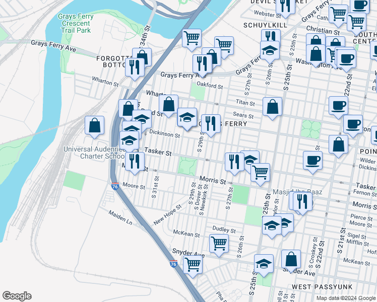 map of restaurants, bars, coffee shops, grocery stores, and more near 1539 South Myrtlewood Street in Philadelphia