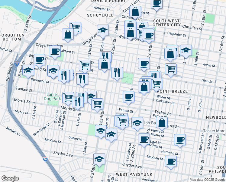 map of restaurants, bars, coffee shops, grocery stores, and more near 1449 South Taylor Street in Philadelphia