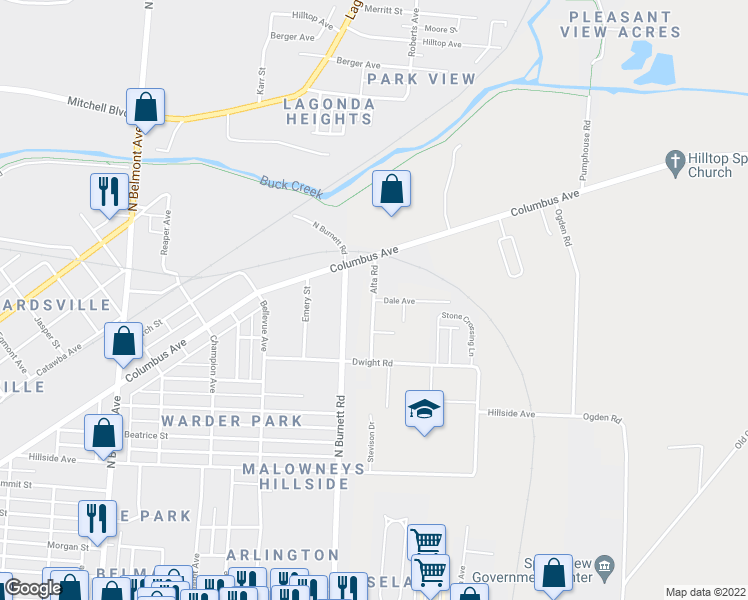 map of restaurants, bars, coffee shops, grocery stores, and more near 956 Alta Road in Springfield
