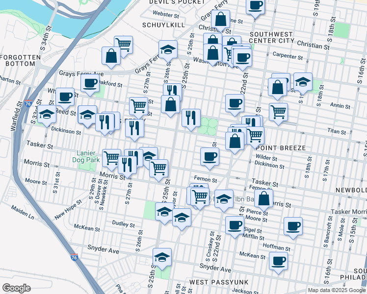 map of restaurants, bars, coffee shops, grocery stores, and more near 1449 South Taylor Street in Philadelphia
