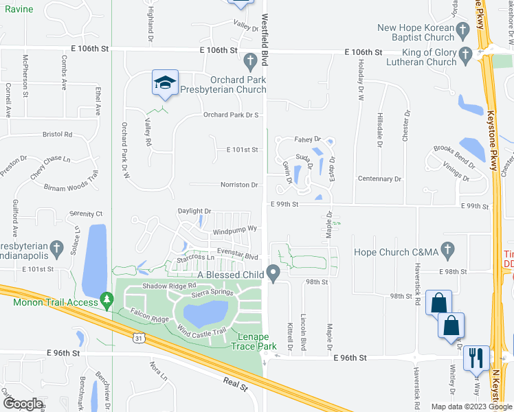 map of restaurants, bars, coffee shops, grocery stores, and more near 1536 Daylight Drive in Indianapolis