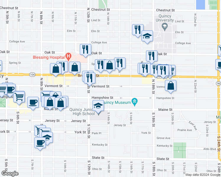 map of restaurants, bars, coffee shops, grocery stores, and more near 1400 Vermont Street in Quincy