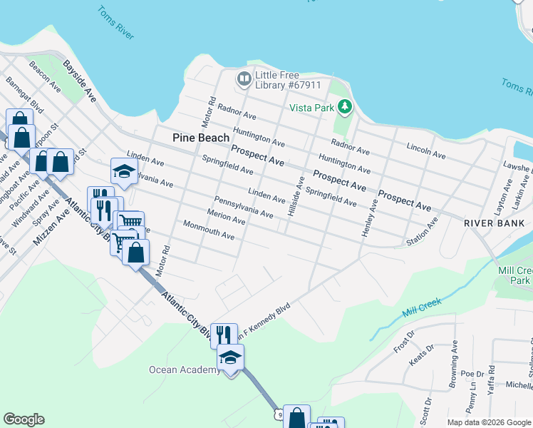 map of restaurants, bars, coffee shops, grocery stores, and more near 520 Pennsylvania Avenue in Pine Beach