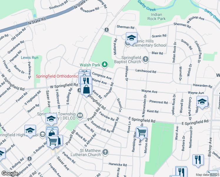 map of restaurants, bars, coffee shops, grocery stores, and more near 133 School Lane in Springfield