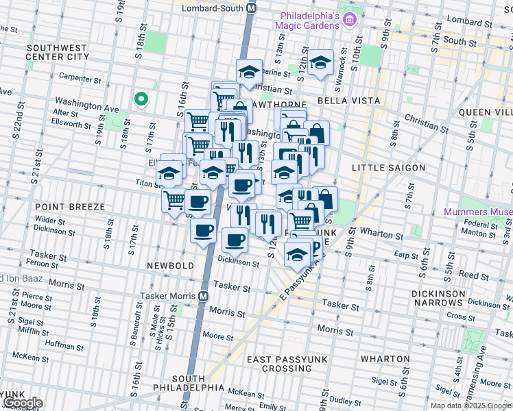 map of restaurants, bars, coffee shops, grocery stores, and more near 1237 South 13th Street in Philadelphia