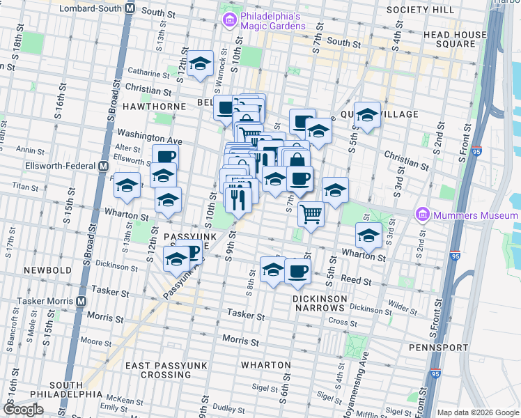 map of restaurants, bars, coffee shops, grocery stores, and more near 1151 East Passyunk Avenue in Philadelphia