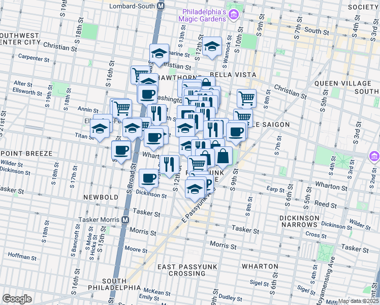 map of restaurants, bars, coffee shops, grocery stores, and more near 1120 Latona Street in Philadelphia