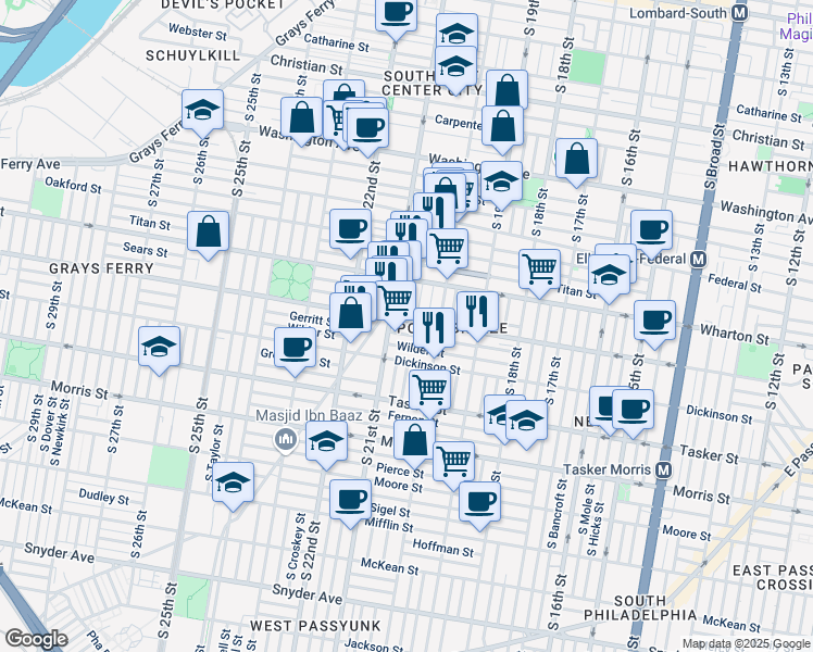 map of restaurants, bars, coffee shops, grocery stores, and more near 2040 Reed Street in Philadelphia