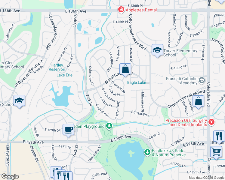 map of restaurants, bars, coffee shops, grocery stores, and more near 13287 Elizabeth Street in Thornton