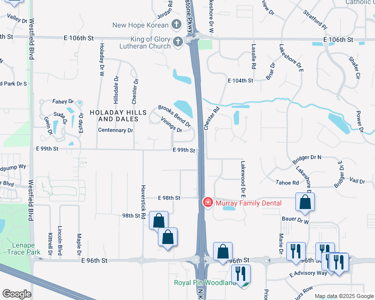 map of restaurants, bars, coffee shops, grocery stores, and more near 2514 East 99th Street in Indianapolis