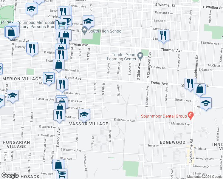 map of restaurants, bars, coffee shops, grocery stores, and more near 715 East Moler Street in Columbus