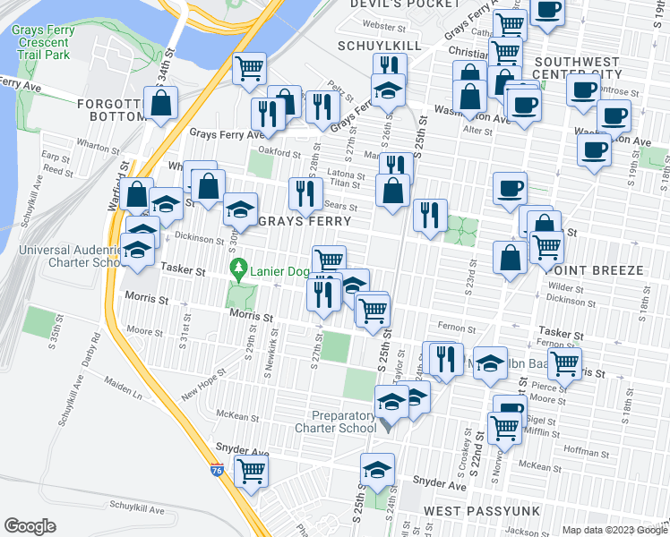 map of restaurants, bars, coffee shops, grocery stores, and more near 1509 South 27th Street in Philadelphia