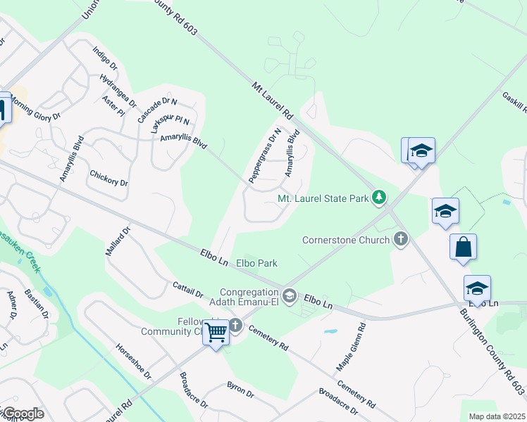 map of restaurants, bars, coffee shops, grocery stores, and more near 15 Pecan Court in Mount Laurel