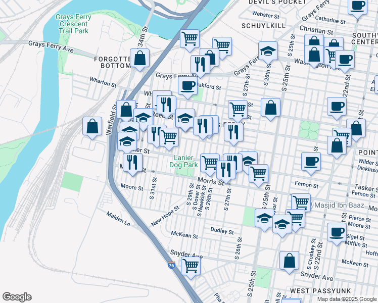 map of restaurants, bars, coffee shops, grocery stores, and more near 1536 South Hollywood Street in Philadelphia