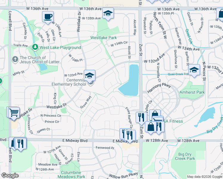 map of restaurants, bars, coffee shops, grocery stores, and more near 2734 Bryant Drive in Broomfield